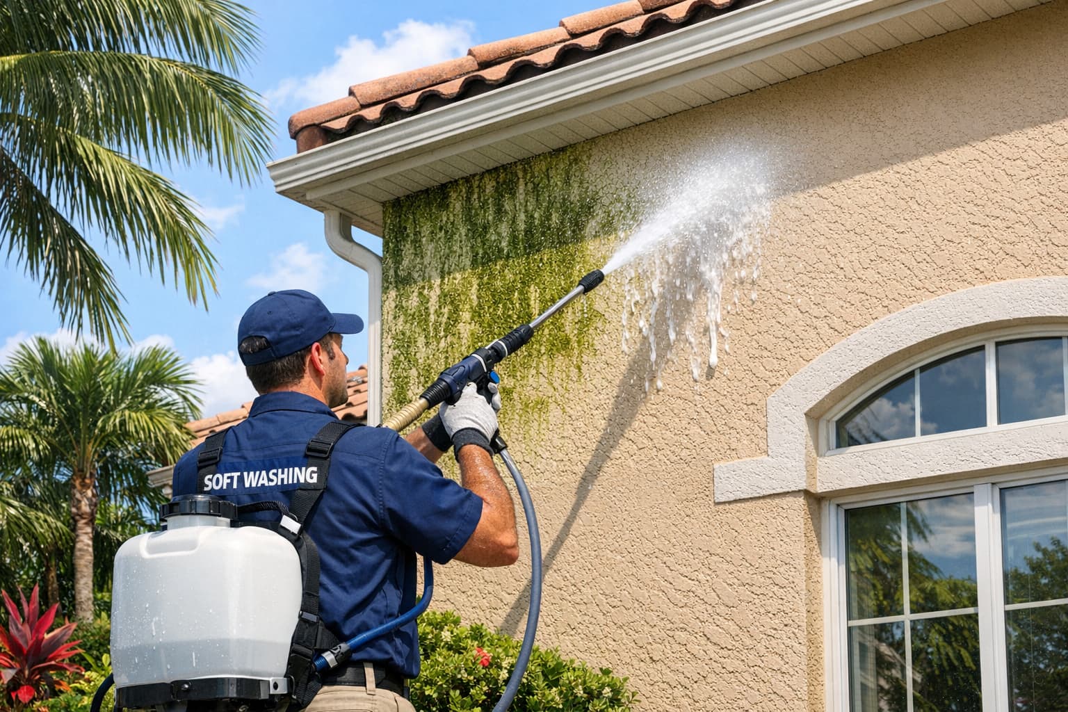 Professional soft washing service on a Florida residential home exterior