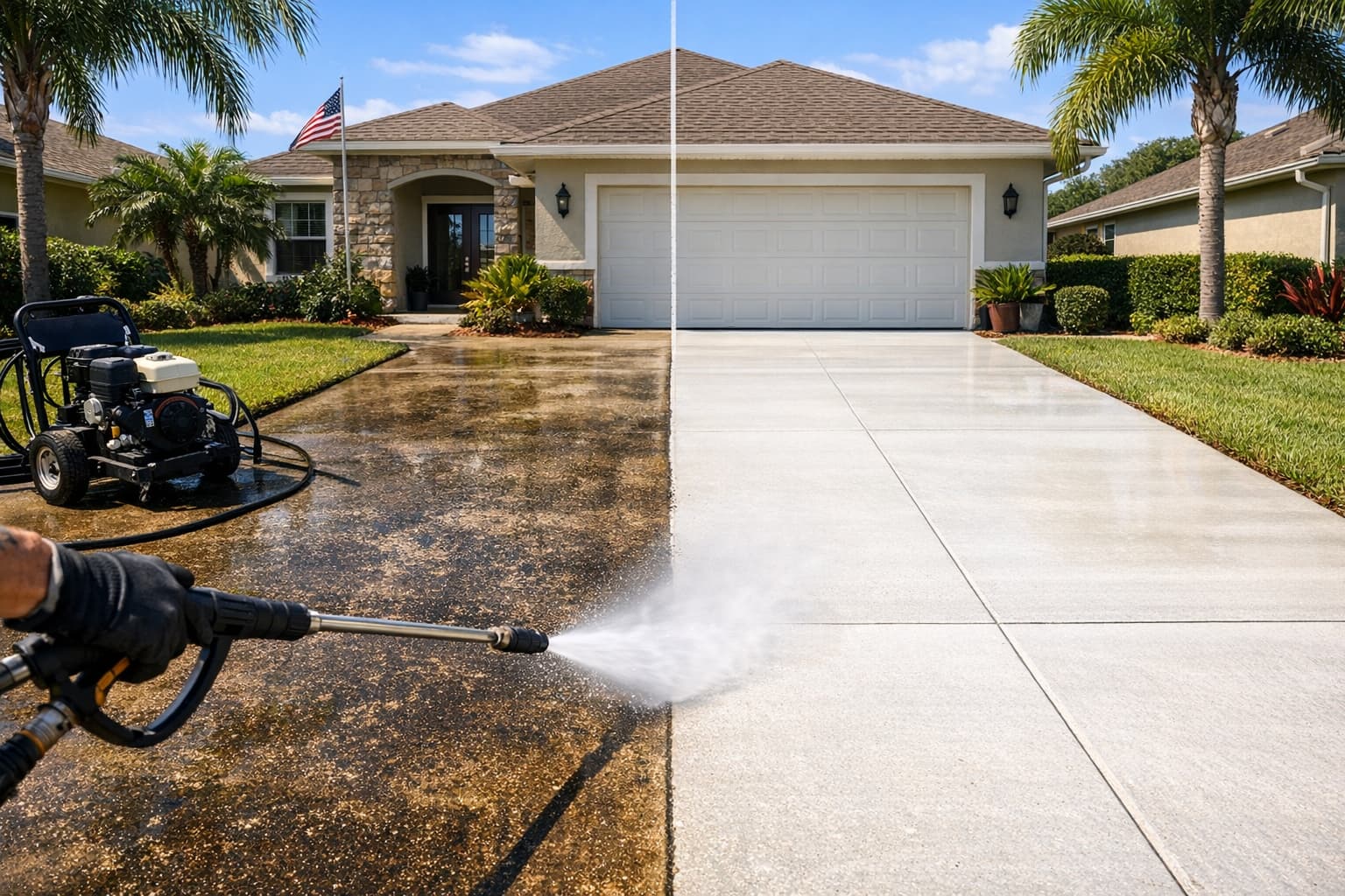 Driveway restoration pressure washing transformation in Winter Park Florida