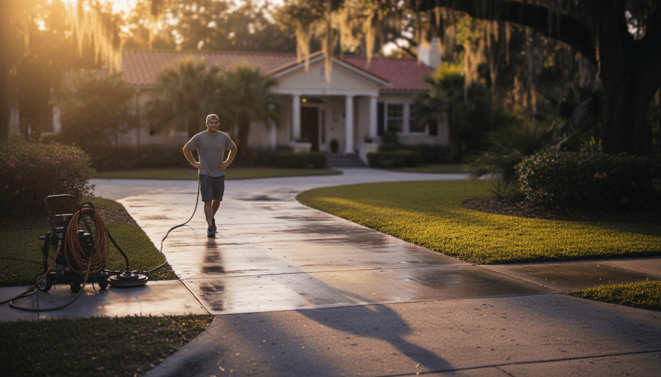 Freshly cleaned driveway with homeowner admiring the results in Winter Park