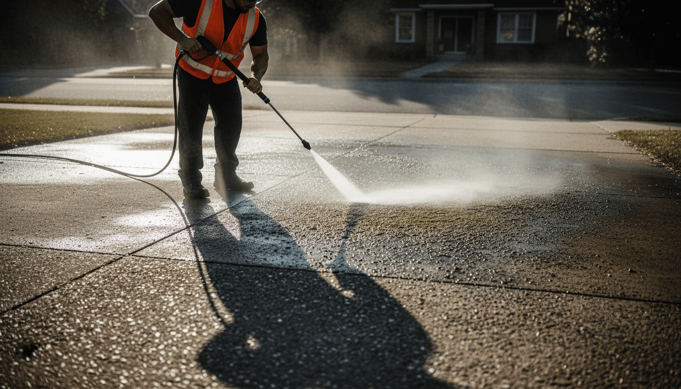 Professional pressure washing service cleaning a residential driveway with visible water spray and cleaning results