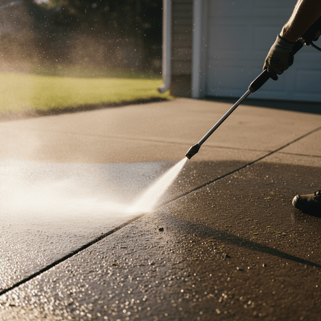 Professional pressure washing driveway restoration in progress