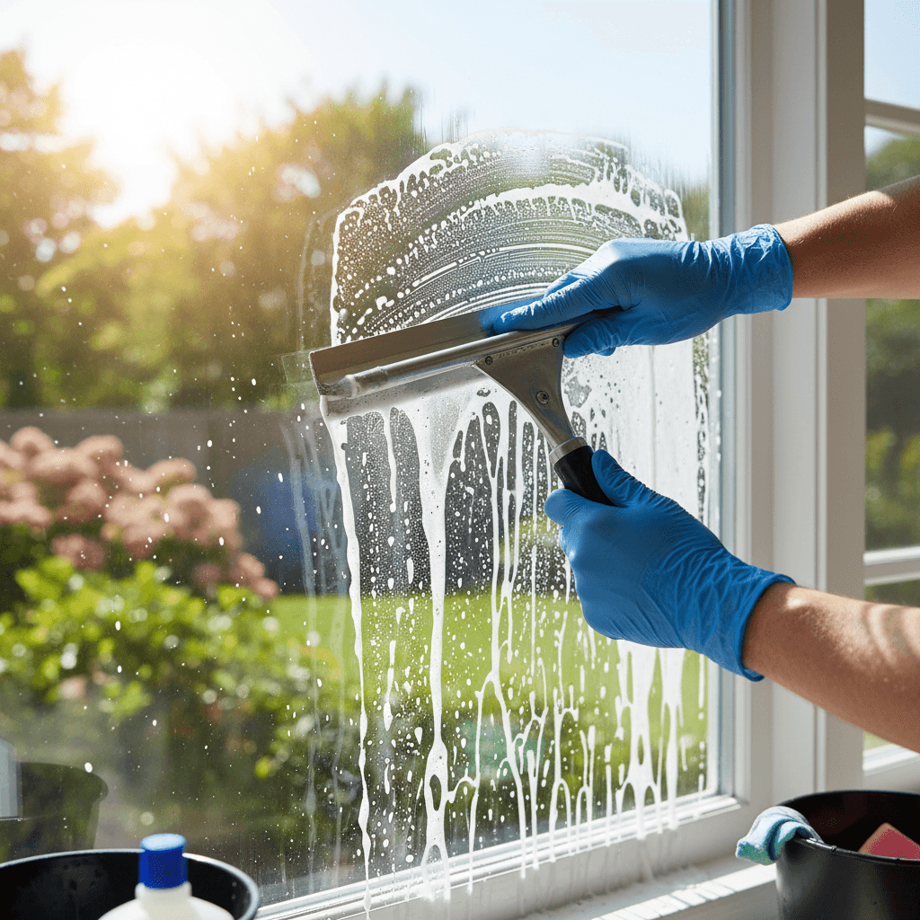 Professional window cleaning on second-floor residential windows