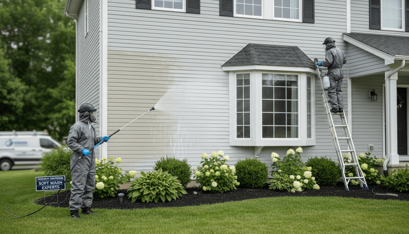 Home exterior cleaned and restored after soft washing service