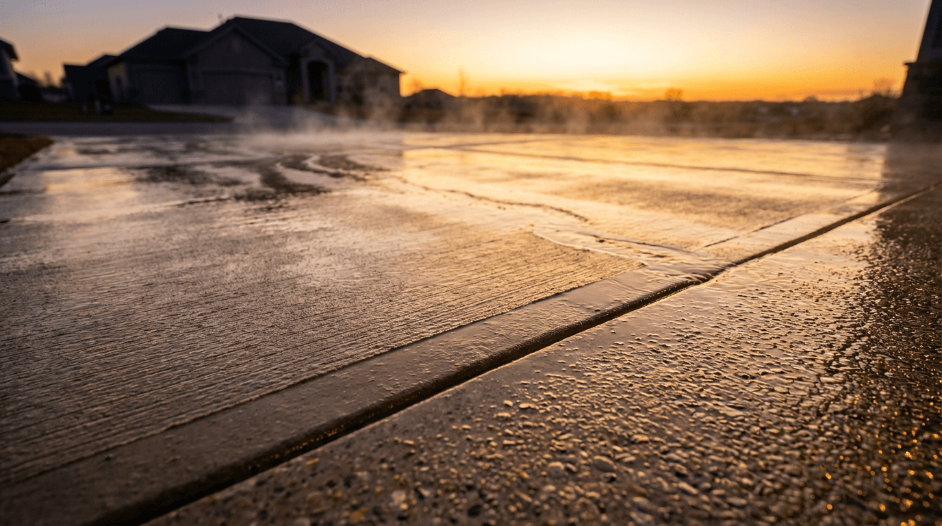 Professional pressure washing of a residential driveway in Winter Park, showing the clean gleaming surface after service
