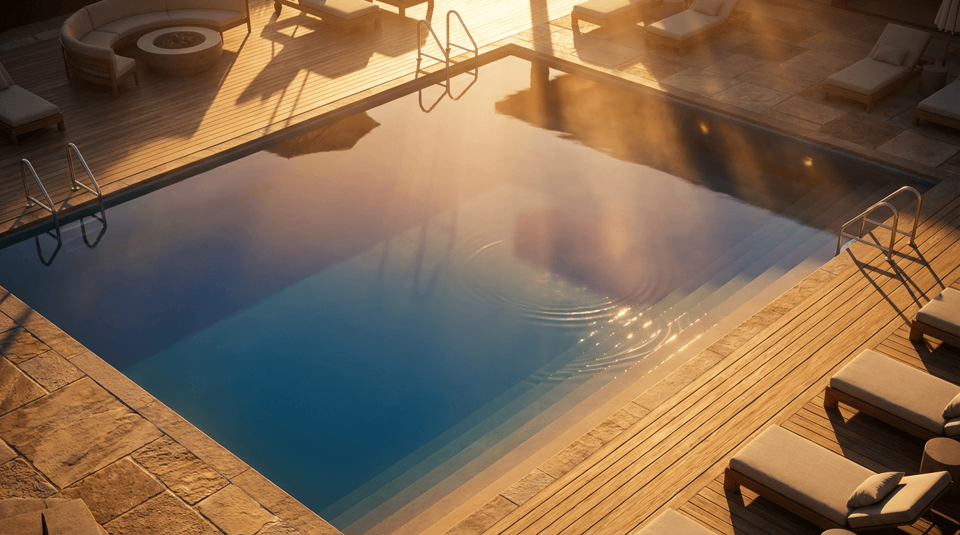 Pool deck and enclosure soft washing showing cleaned areas