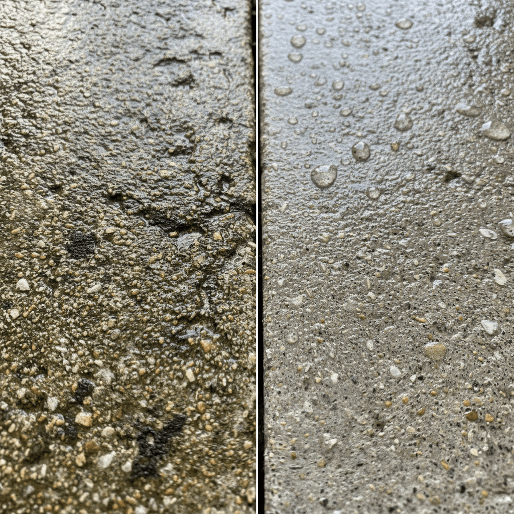 Driveway with heavy stains and algae before cleaning